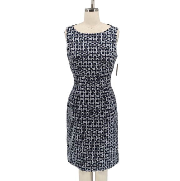 01517 Tahari Circle Pattern Jacquard Sheath Dress Blue White size 4 preppy work - Picture 1 of 6